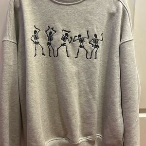 Gray Crew Neck Sweater with Dancing Skeleton Design